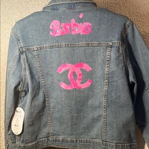 Upcycled  Luxury Inspired Pretty Pink Doll Themed Design Denim Jacket